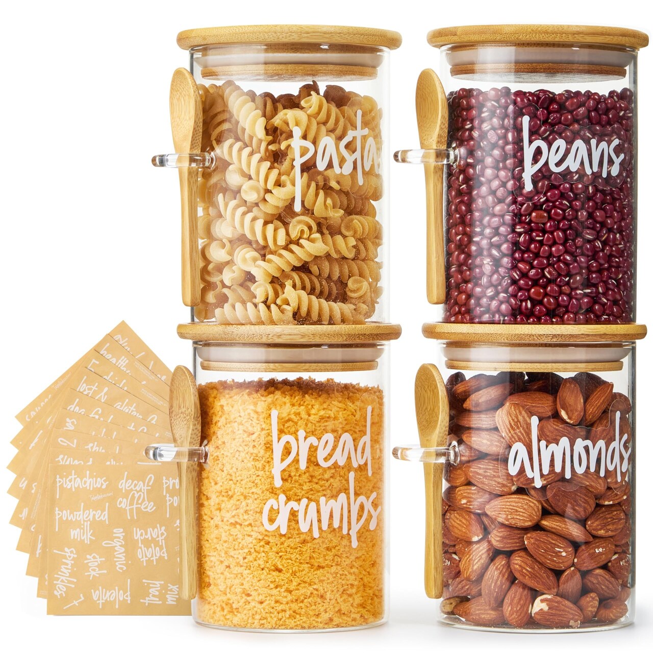Talented Kitchen 4 Pack of 17 oz Stackable Glass Containers with Bamboo Lids, Spoons, and 157 Pre-Printed Labels - Canister Set for Dry Goods, Grains and Baking Essentials